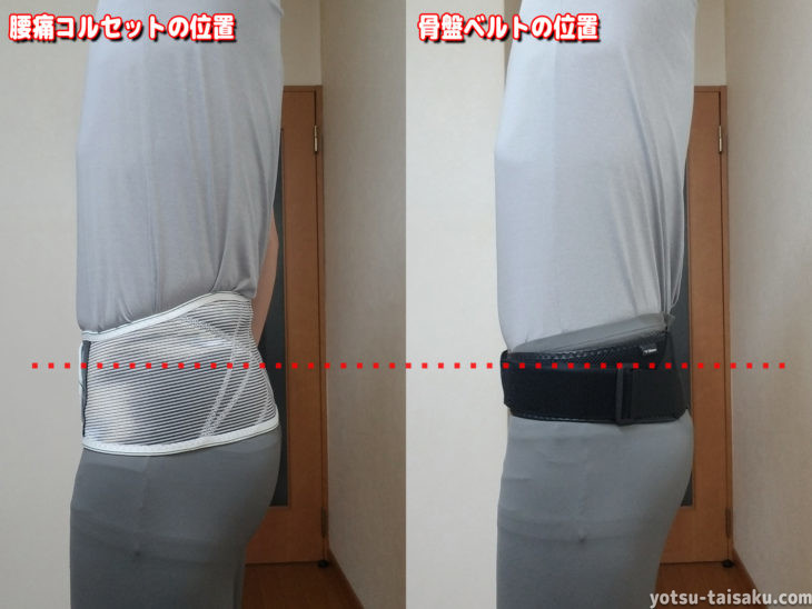 腰痛コルセットと骨盤ベルトの位置の比較